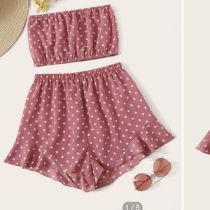 Dot Print Tube Crop Top & Ruffle Hem Shorts Set